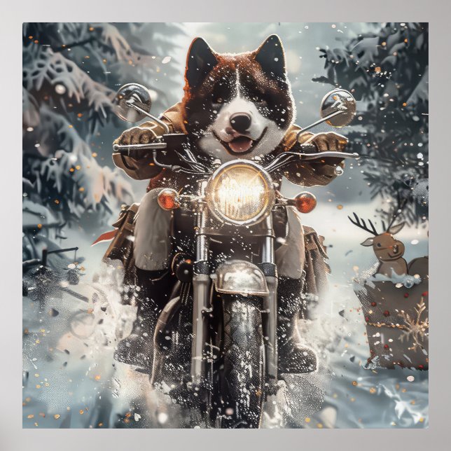 Affiche American Akita Dog équitation moto Noël (Devant)