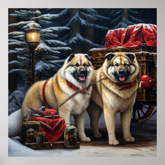 Affiche American Akita Snowy Sleigh Ride Décor de Noël (Devant)