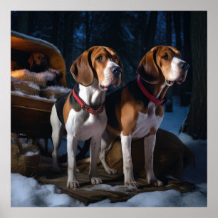 Affiche American English Foxhound Snowy Sleigh Noël