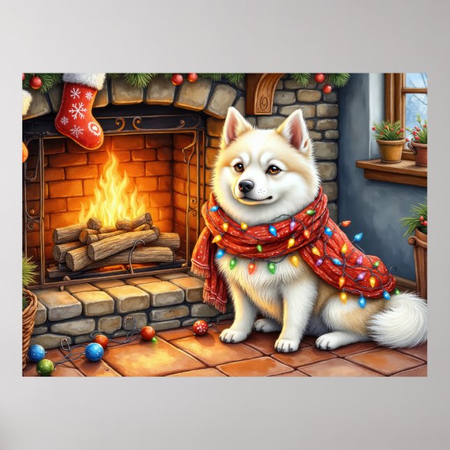 Affiche American Eskimo Fireplace with Christmas Lights (Devant)