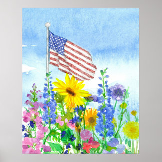 Affiche American Flag Garden Flowers Watercolor Sky