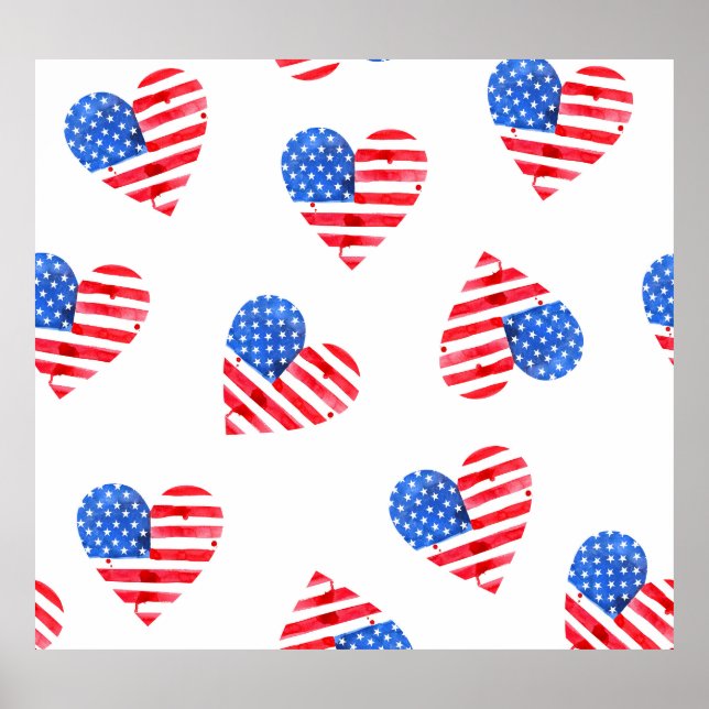 Affiche American Flag Hearts Aquarelle en toute transparen (Devant)