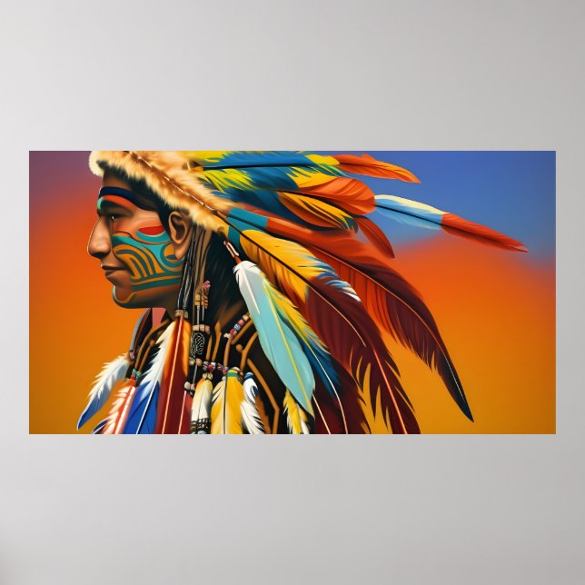 Affiche American Indian Man plumes Orange bleu tatouage (Devant)