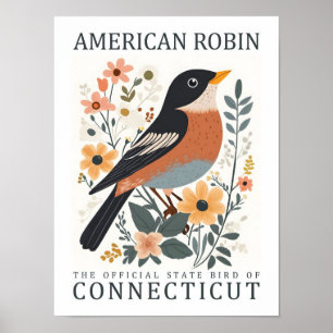Affiche American Robin Bird of Connecticut USA Travel