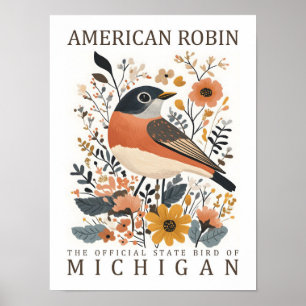 Affiche American Robin Bird of Michigan USA Travel