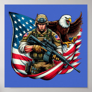 Affiche American Soldier Eagle USA Drapeau Patriotique Art