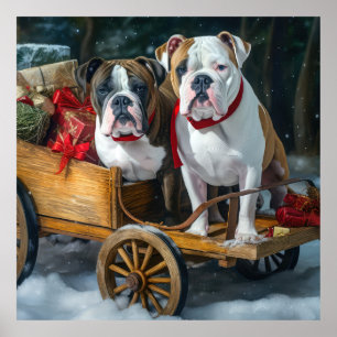 Affiche American Staffordshire Traîneau enneigé de Noël