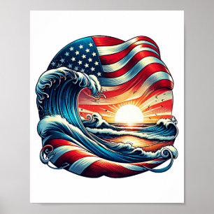 Affiche American USA Flag Beach Wave Sunset Patriotic Art