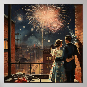 Affiche Americana Couple regarde les feux d'artifice du No