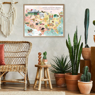 Affiche Amérique   Carte illustrée aquarelle des États-Uni