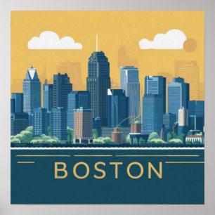 Affiche Amérique Skyline de la ville de Boston, Boston Ma 
