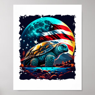 Affiche Amérique tortue sous lune avec drapeau américain