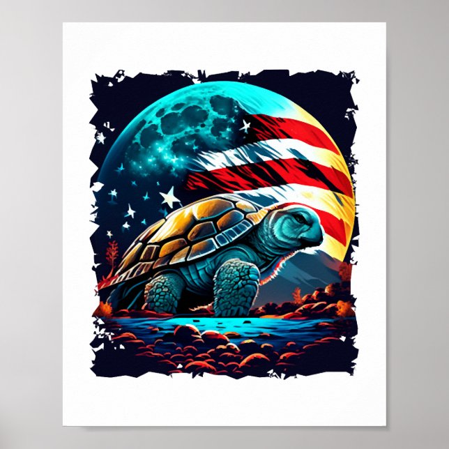 Affiche Amérique tortue sous lune avec drapeau américain (Devant)