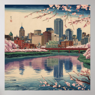 Affiche Amérique vintage Boston Ma City Skyline Style Ukiy