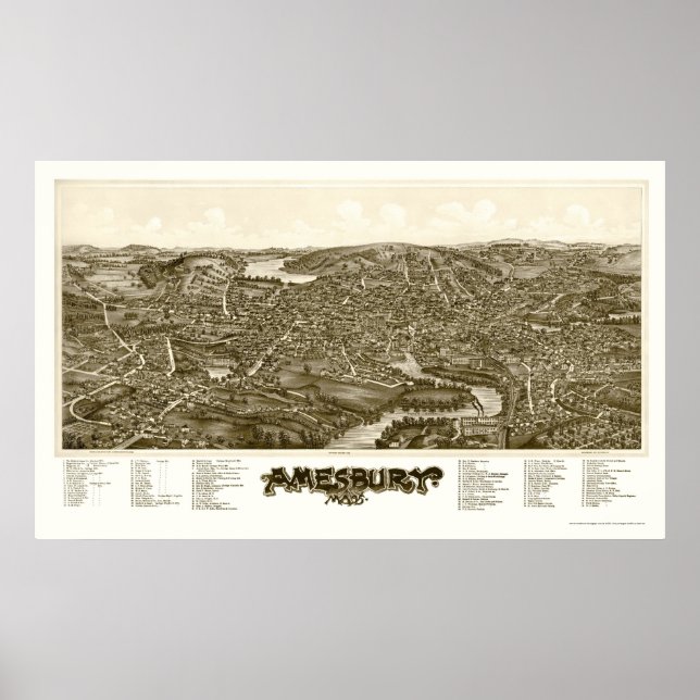 Affiche Amesbury, MA Carte panoramique - 1890 (Devant)