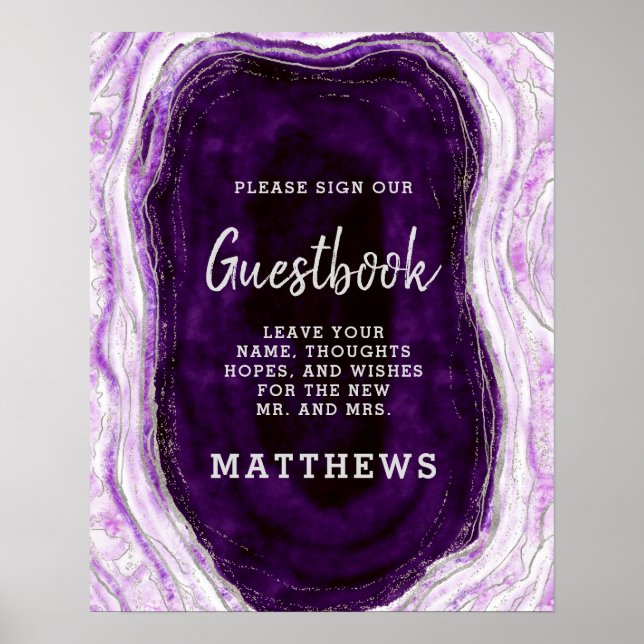 Affiche Amethyst Purple & Silver Geode Rock Guestbook Sign (Devant)