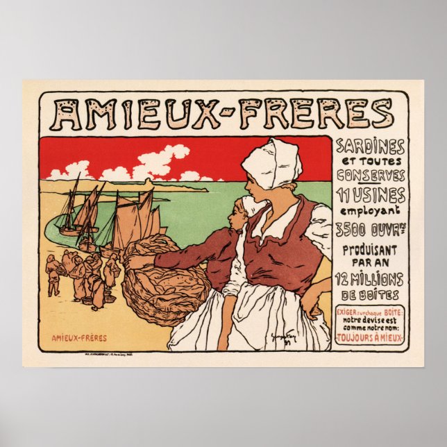 Affiche AMIEUX FRERES Sardine Poisson Pêcheur Vieux França (Devant)