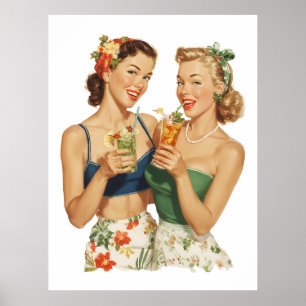 Affiche Amis du cocktail d'été pin-up vintage