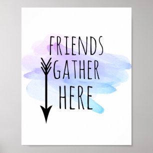 Affiche amis se réunissent ici couleur pourpre et bleu