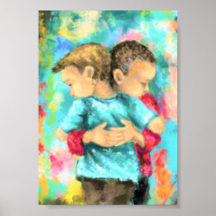 Affiche Amitié - Enfants s'étreignant - Paix Amour - Peint