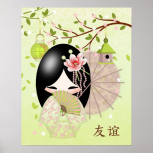 Affiche Amitié, Poupée Kokeshi Dans Les Mélanges Vert Prin