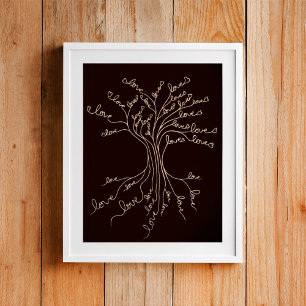 Affiche Amour Arbre de Vie Nature Coeurs Brown Cute Rustiq
