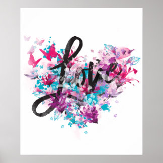 Affiche Amour coloré Floral Papillon Coeur