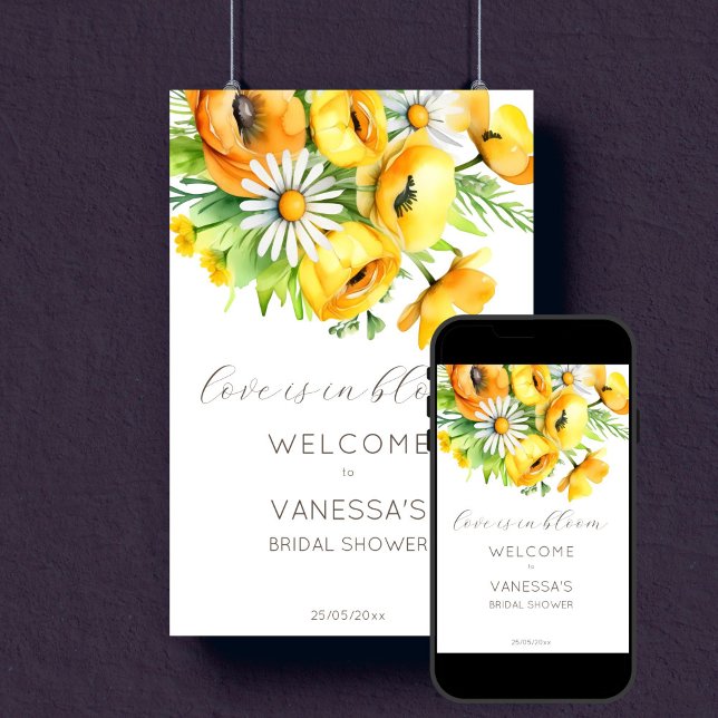 Affiche Amour en fleur printemps nuptiale douche bienvenue (Love in bloom spring summer flowers bridal shower template welcome sign poster digital download)