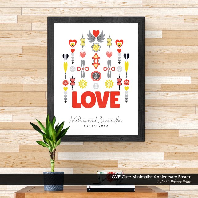 Affiche AMOUR Minuscule Anniversaire (LOVE - Cute Minimalist Poster with Hearts & Flowers: Customized with Your Names & Anniversary Date.)
