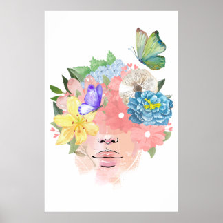 Affiche Amour, papillons et fleurs