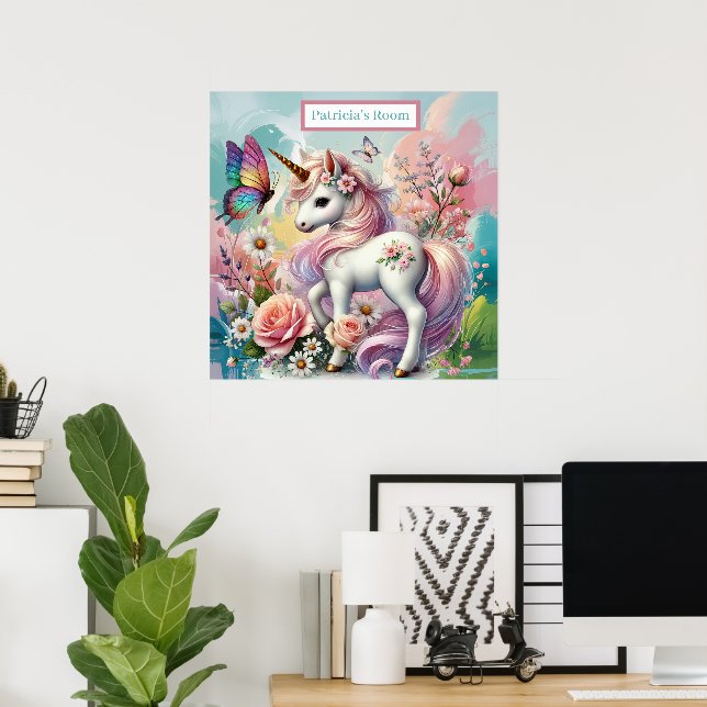Affiche Amoureux de licorne mignonne ajouter nom (Bureau à domicile)