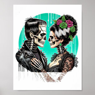 Affiche Amoureux d'Halloween squelette de Frankenstein pou