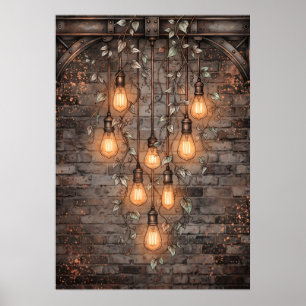 Affiche Ampoules Edison Industrielles Lierre Brique Sombre