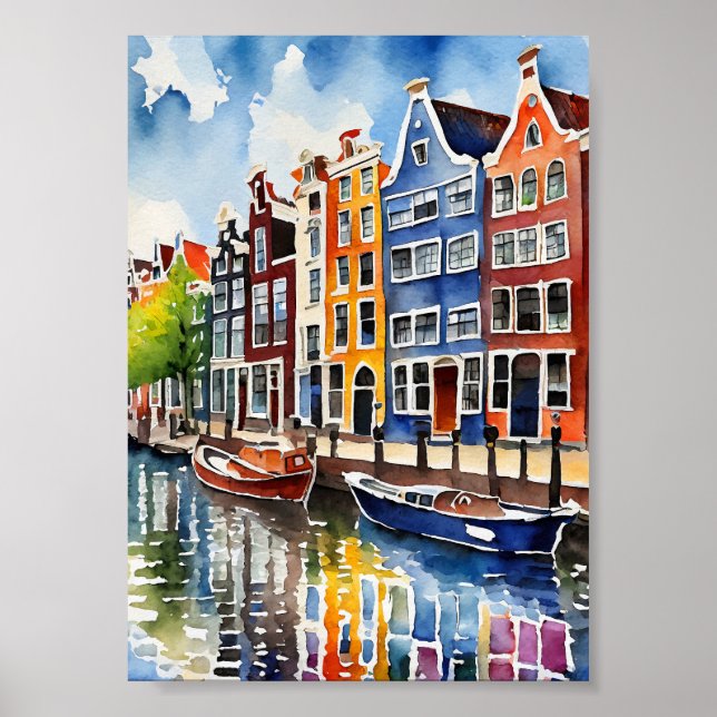 Affiche Amsterdam Canal Houses Watercolor Art Imprimer (Devant)