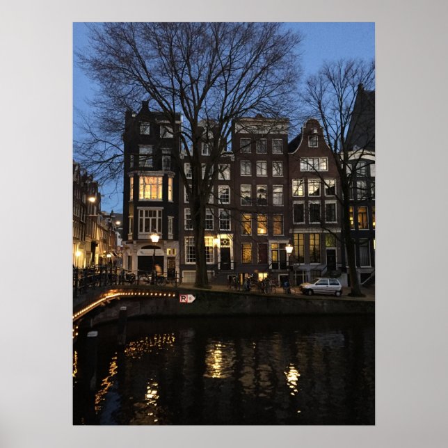 Affiche Amsterdam Canal Soirée Photo Lumineuse (Devant)