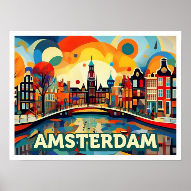 Affiche Amsterdam City Pays-Bas coloré artistique (Devant)