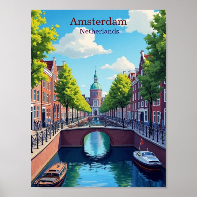 Affiche Amsterdam Netherlands Gouache Illustration Travel (Devant)