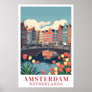 Affiche Amsterdam Pays-Bas Art de voyage à vélo Vintage