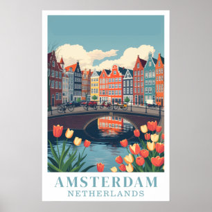 Affiche Amsterdam Pays-Bas Art de voyage à vélo Vintage