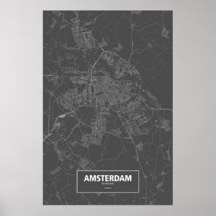 Affiche Amsterdam, Pays-Bas (blanc sur noir)