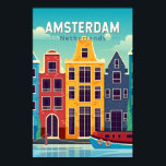 Affiche Amsterdam Pays-Bas Maisons colorées Voyage Rétro<br><div class="desc">Amsterdam design de voyage vectoriel rétro dans un style emblème. Elle est connue pour son patrimoine artistique,  son système de canaux élaboré et ses maisons étroites aux façades à pignons,  héritage de l'âge d'or du XVIIe siècle.</div>