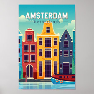 Affiche Amsterdam Pays-Bas Maisons colorées Voyage Rétro