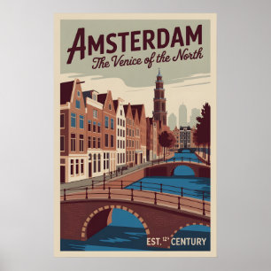 Affiche Amsterdam Pays-Bas Skyline Voyage Rétro