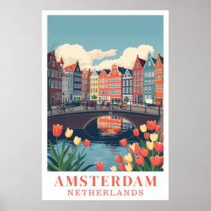 Affiche Amsterdam Pays-Bas Vélos de voyage vintage Art