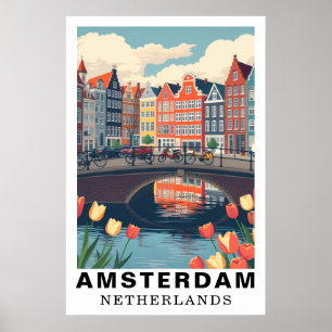 Affiche Amsterdam Pays-Bas Voyage Vélos Tulipe