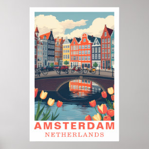 Affiche Amsterdam Pays-Bas Voyage Vélos Tulipe