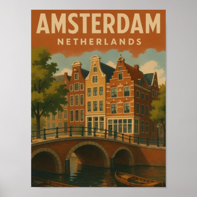 Affiche Amsterdam Pays-Bas Vue de Canal Vintage (Devant)
