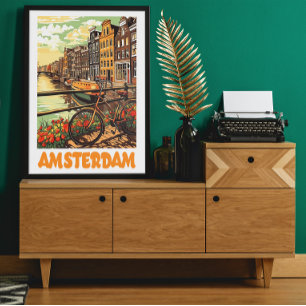 Affiche Amsterdam vintage coloré Pays-Bas Ville de canal