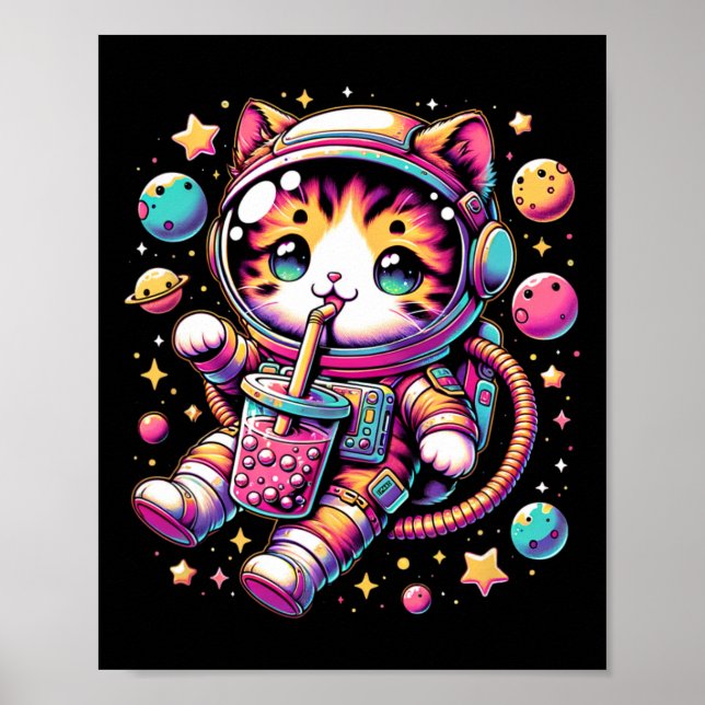 Affiche Amusant astronaute espace Kawaii Boba Tea Cat (Devant)