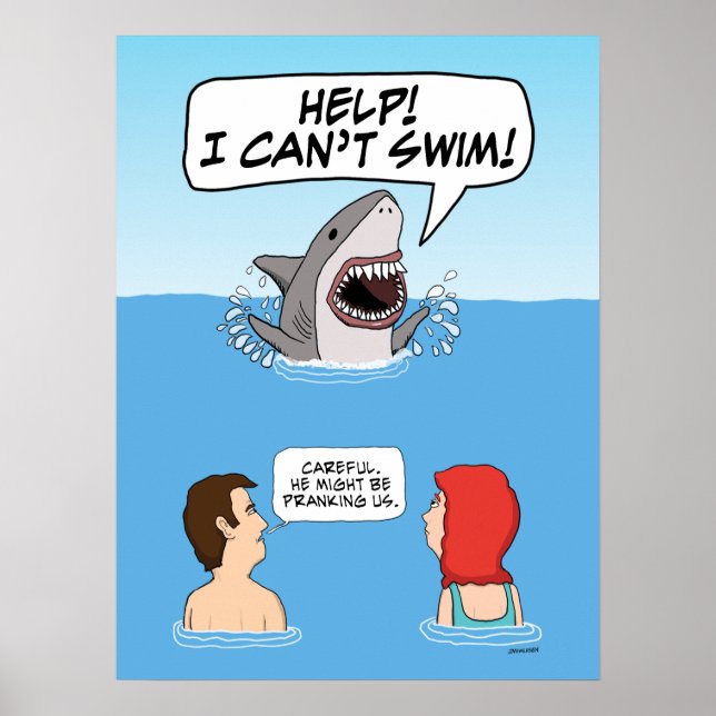 Affiche Amusant Grand requin blanc Pranks Nageur (Devant)